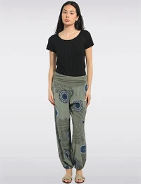 Flowy Ruched Waistband Elastic Hem Circular Print Balloon Pants by Froccella