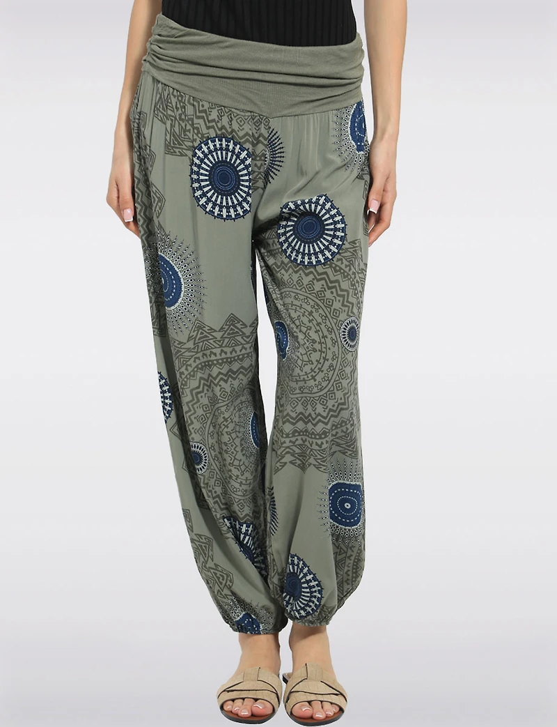 Flowy Ruched Waistband Elastic Hem Circular Print Balloon Pants by Froccella