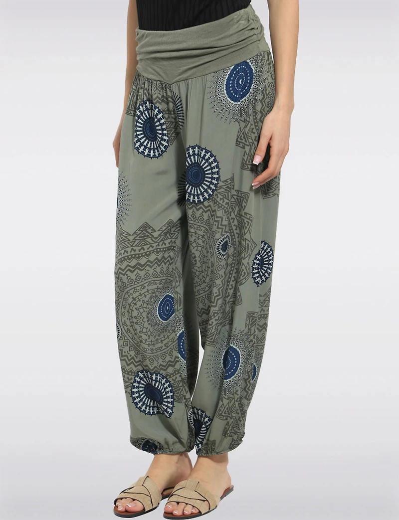 Flowy Ruched Waistband Elastic Hem Circular Print Balloon Pants by Froccella