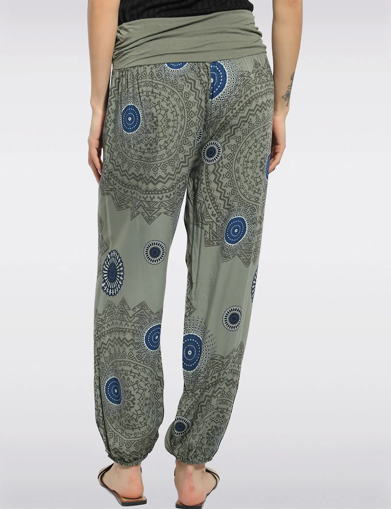 Flowy Ruched Waistband Elastic Hem Circular Print Balloon Pants by Froccella
