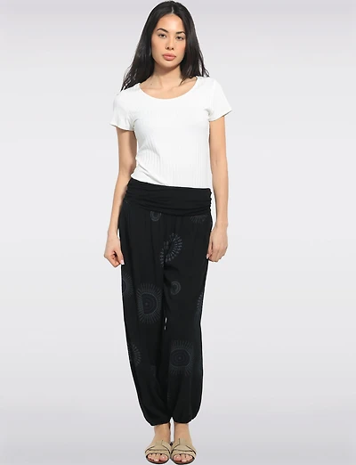 Flowy Ruched Waistband Elastic Hem Circular Print Balloon Pants by Froccella