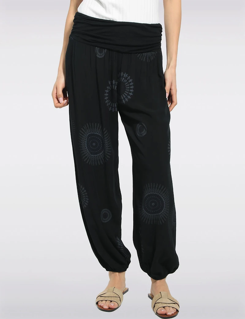 Flowy Ruched Waistband Elastic Hem Circular Print Balloon Pants by Froccella