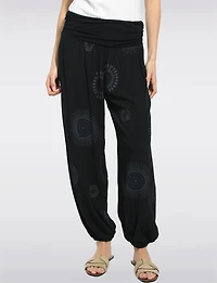 Flowy Ruched Waistband Elastic Hem Circular Print Balloon Pants by Froccella