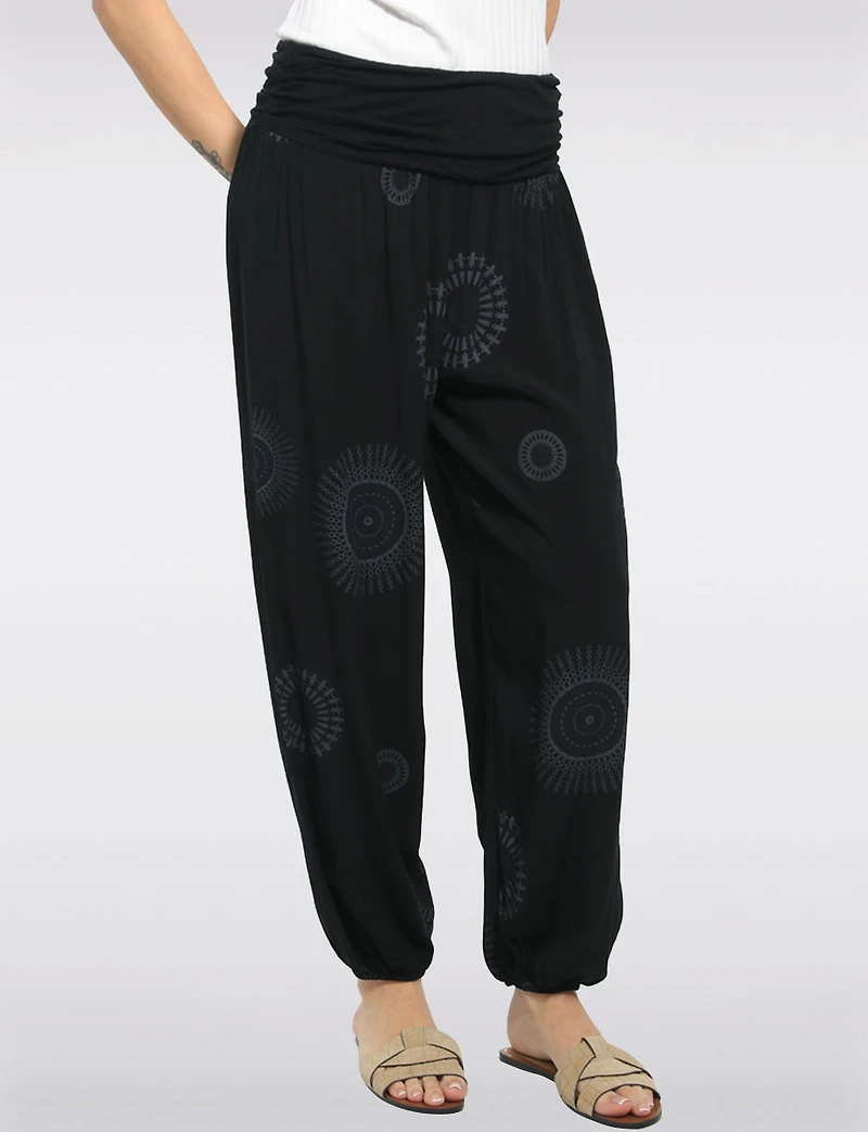 Flowy Ruched Waistband Elastic Hem Circular Print Balloon Pants by Froccella