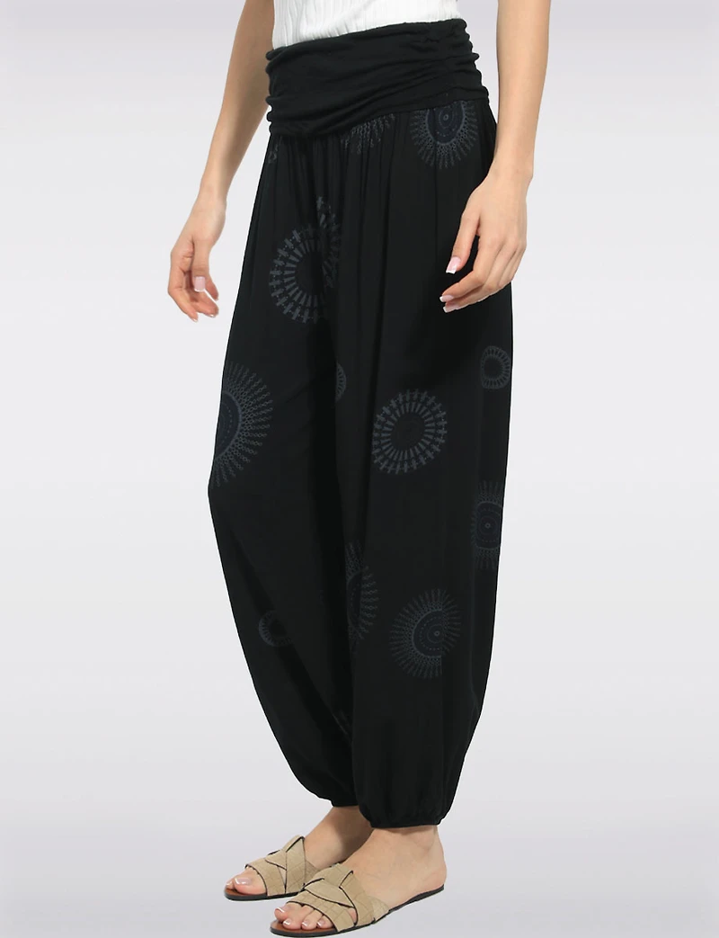 Flowy Ruched Waistband Elastic Hem Circular Print Balloon Pants by Froccella