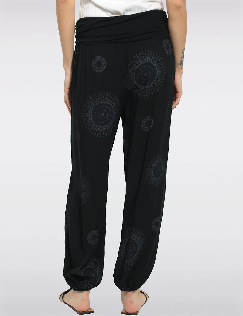 Flowy Ruched Waistband Elastic Hem Circular Print Balloon Pants by Froccella