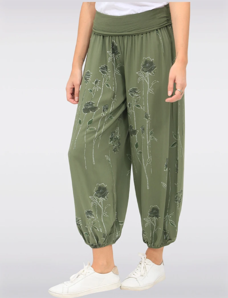 Flowy Ruched Waistband Elastic Hem Floral Print Balloon Pants by Froccella