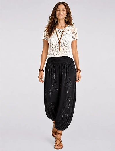 Flowy Ruched Waistband Elastic Hem Floral Print Balloon Pants by Froccella