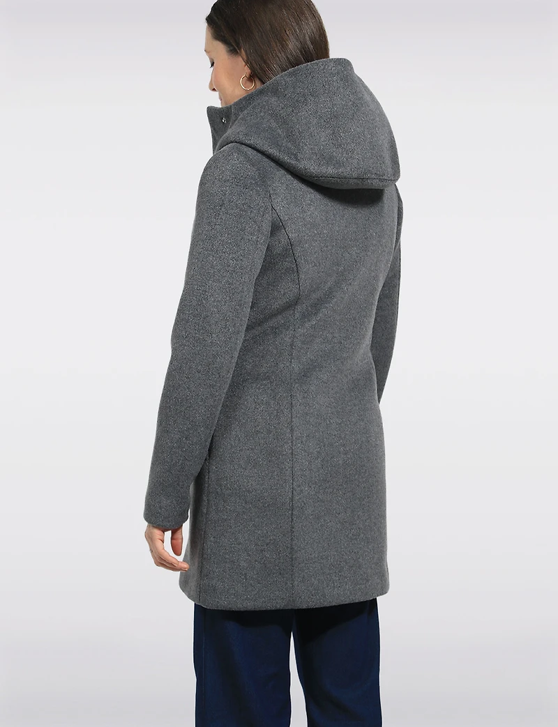 Straight Cut Zip Front Vegan Wool Hooded Mid-length Coat & Pockets by Point Zero