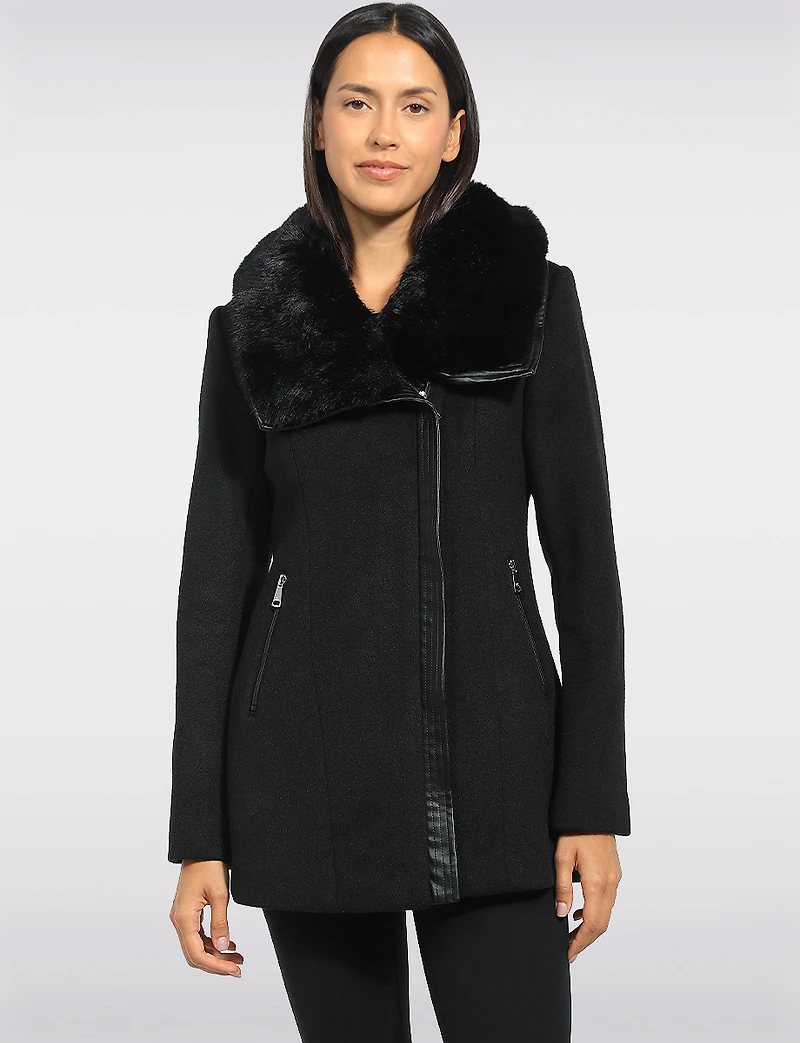 Faux Fur Collar and Vegan Leather Trim Zip Front Wool Coat by Point Zero