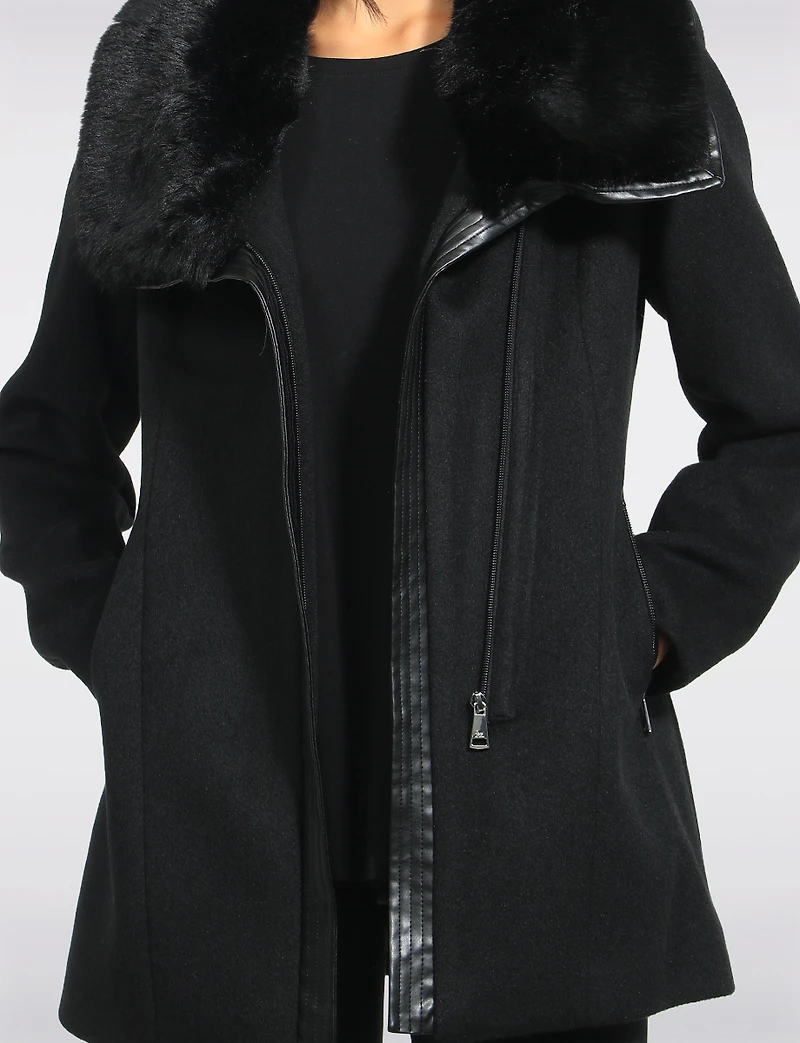 Faux Fur Collar and Vegan Leather Trim Zip Front Wool Coat by Point Zero