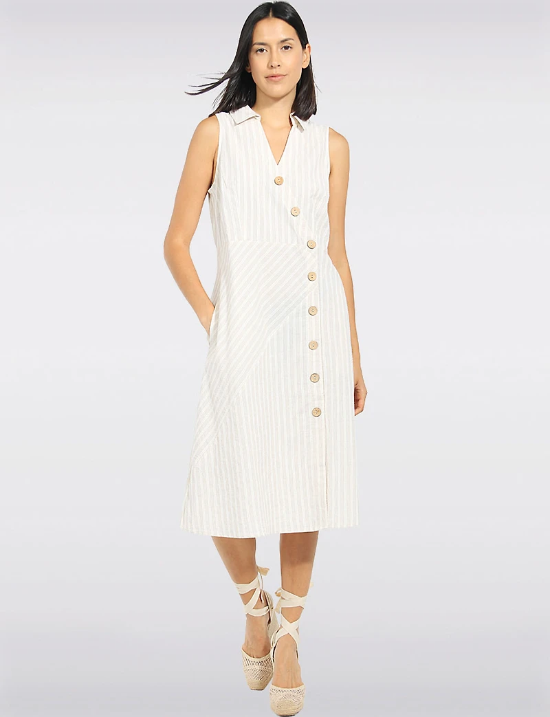 Cotton Striped Sleeveless A-Line Midi Dress - Shirt Collar & Side Pocket Details