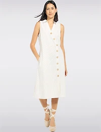 Cotton Striped Sleeveless A-Line Midi Dress - Shirt Collar & Side Pocket Details
