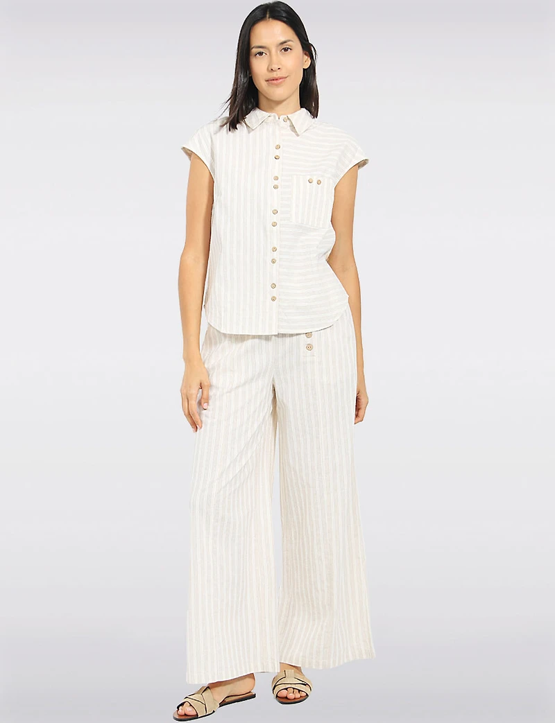 Lightweight Striped Relaxed-Fit Wide-Leg Cotton Pull-On Pants with Front Pockets