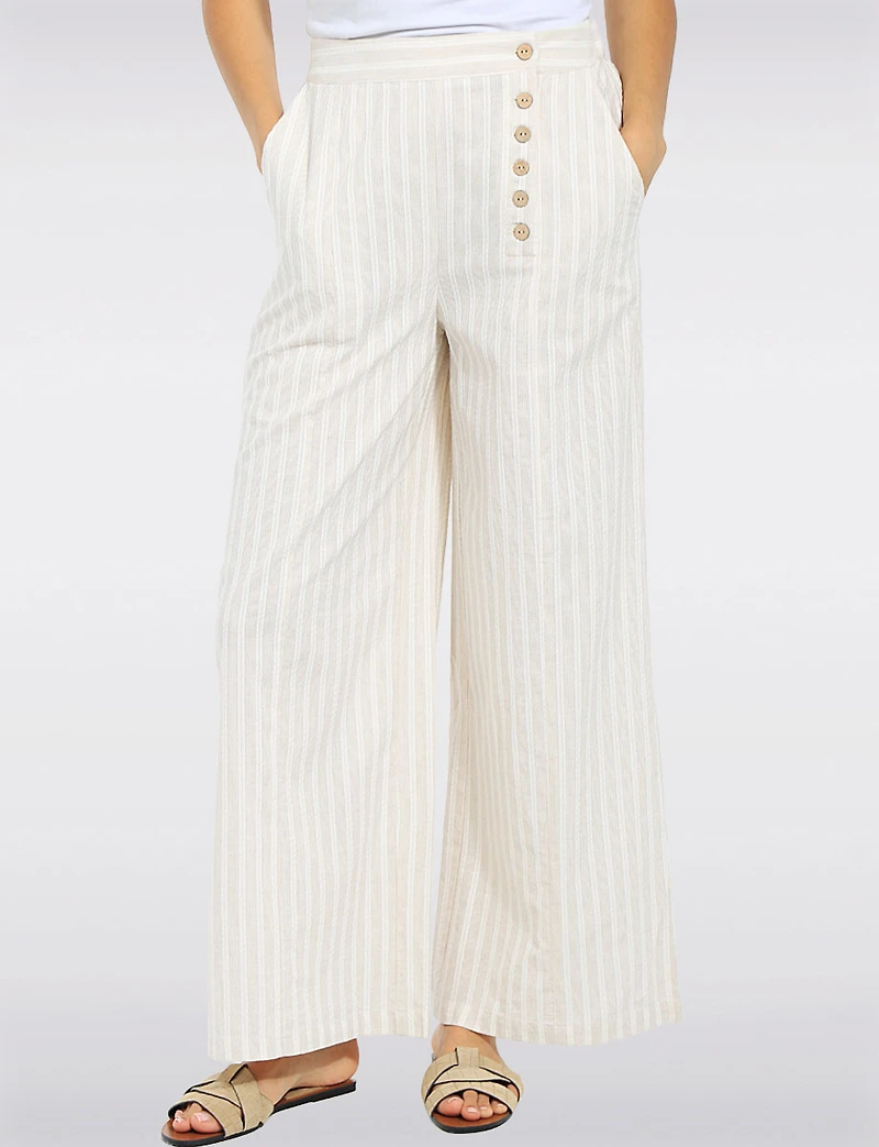 Lightweight Striped Relaxed-Fit Wide-Leg Cotton Pull-On Pants with Front Pockets