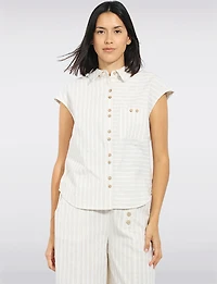 Mixed Stripe Faux Wood Buttons Front Cap Sleeve Pocket Blouse by Alison Sheri