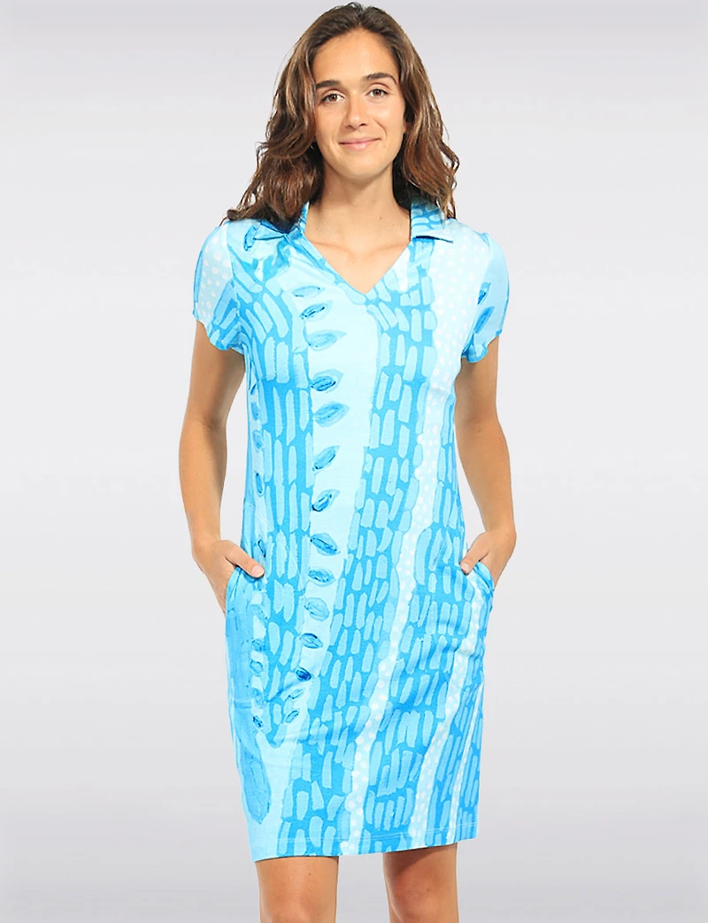 Abstract Print Short-Sleeve Shirt Collar Dress with Pockets by Claire Desjardins