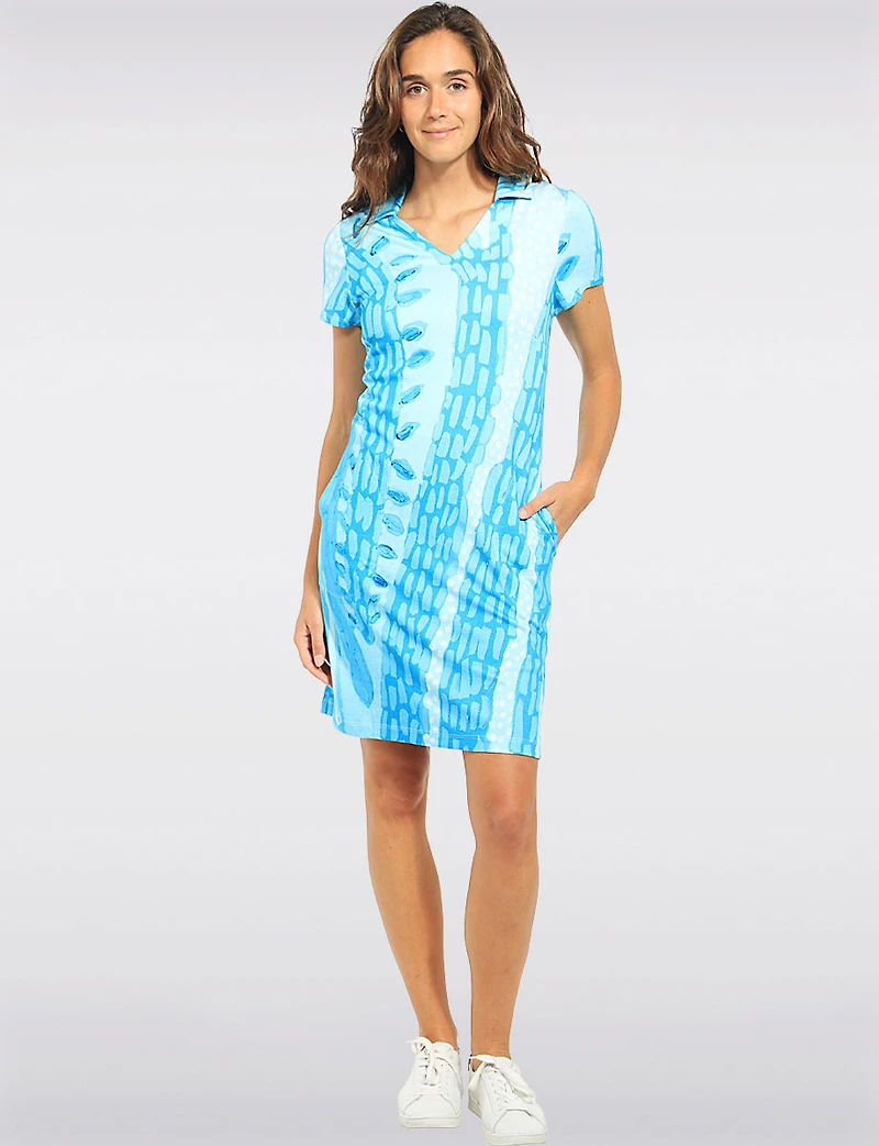 Abstract Print Short-Sleeve Shirt Collar Dress with Pockets by Claire Desjardins