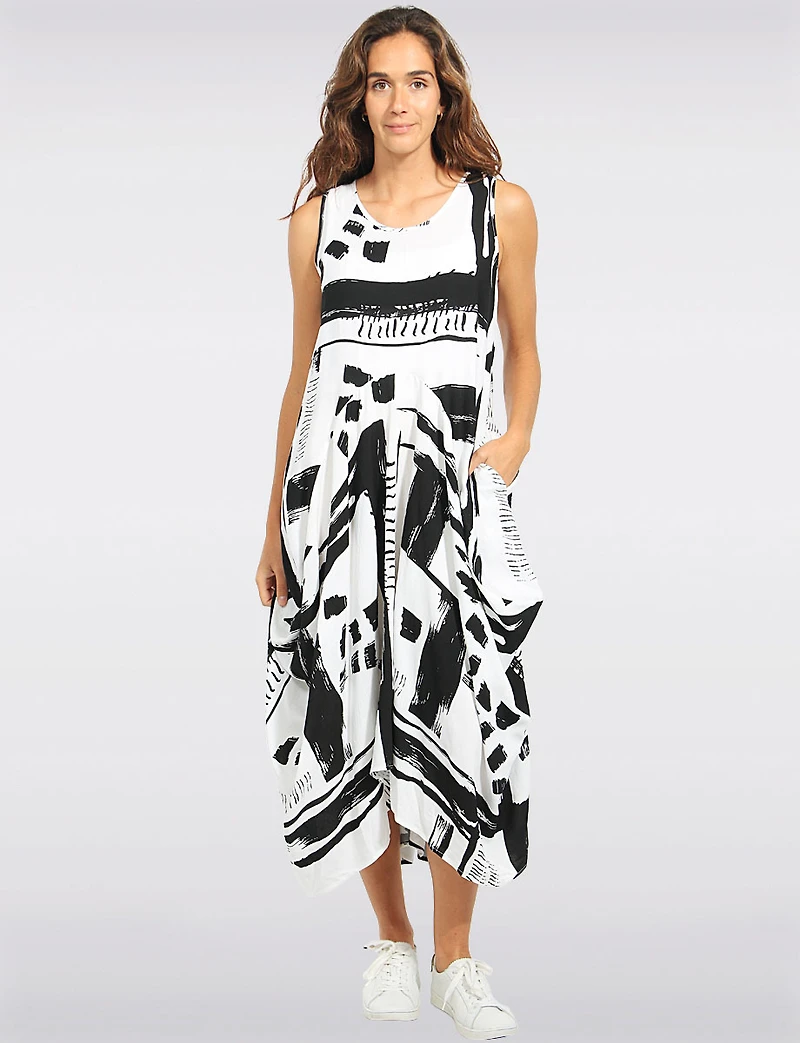 Abstract Black & White Sleeveless Balloon Midi Dress with Pockets by Elena Wang