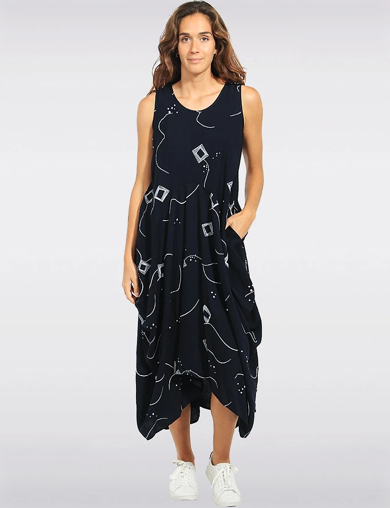 Abstract Geometric Sleeveless Balloon Midi Dress with Pockets by Elena Wang