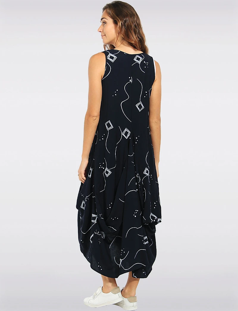 Abstract Geometric Sleeveless Balloon Midi Dress with Pockets by Elena Wang