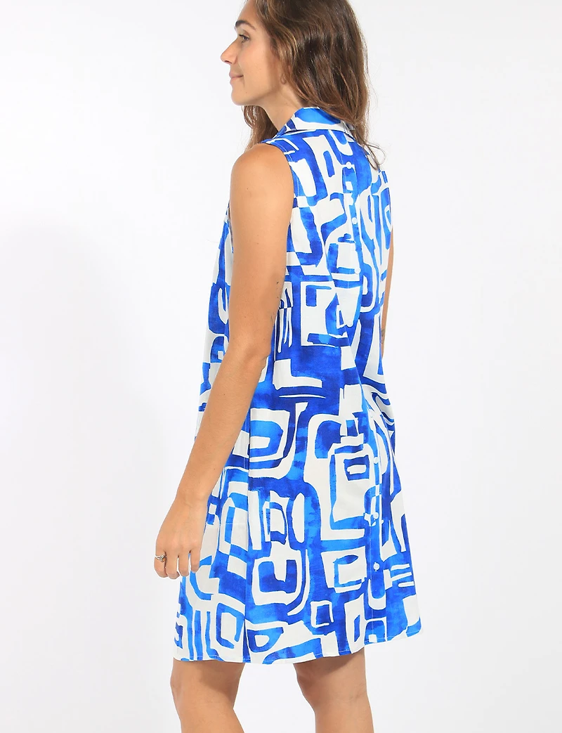 Abstract Graphic Sleeveless Button-Front Shirt Dress with Pockets by Elena Wang