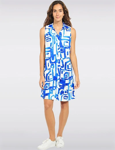 Abstract Graphic Sleeveless Button-Front Shirt Dress with Pockets by Elena Wang