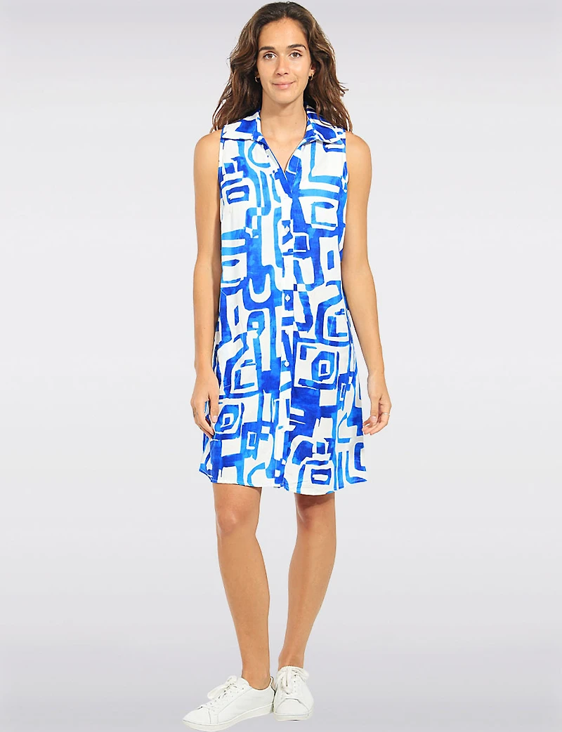 Abstract Graphic Sleeveless Button-Front Shirt Dress with Pockets by Elena Wang