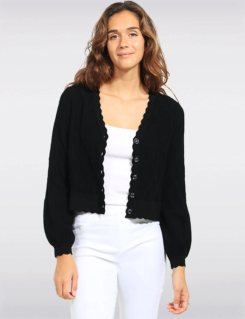 Diamond Knit Cropped Cardigan with Scalloped Edge by Elena Wang