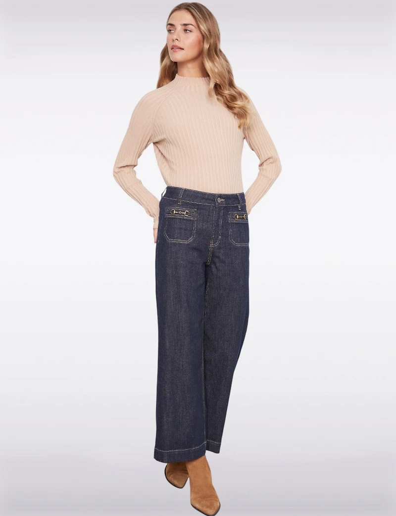 High-Rise Wide-Leg Cropped Jeans with Front Horsebit Hardware by Charlie B