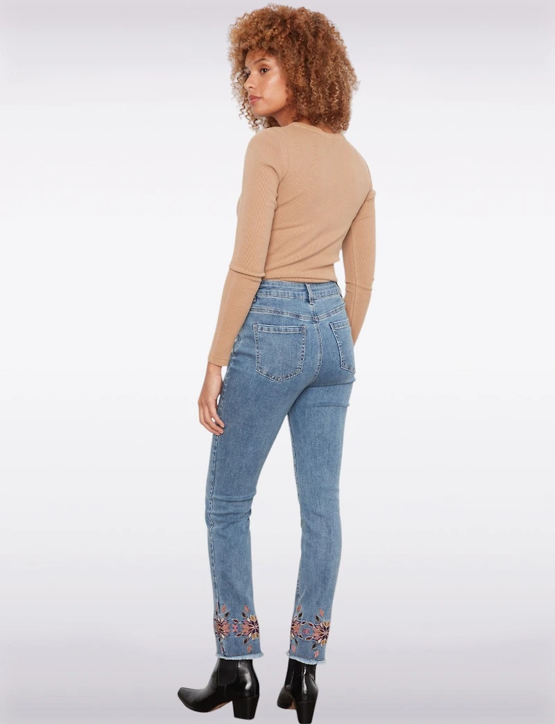 Floral Embroidered Stretch Slim-Fit Jeans with Frayed Hem by Charlie B