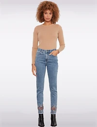 Floral Embroidered Stretch Slim-Fit Jeans with Frayed Hem by Charlie B
