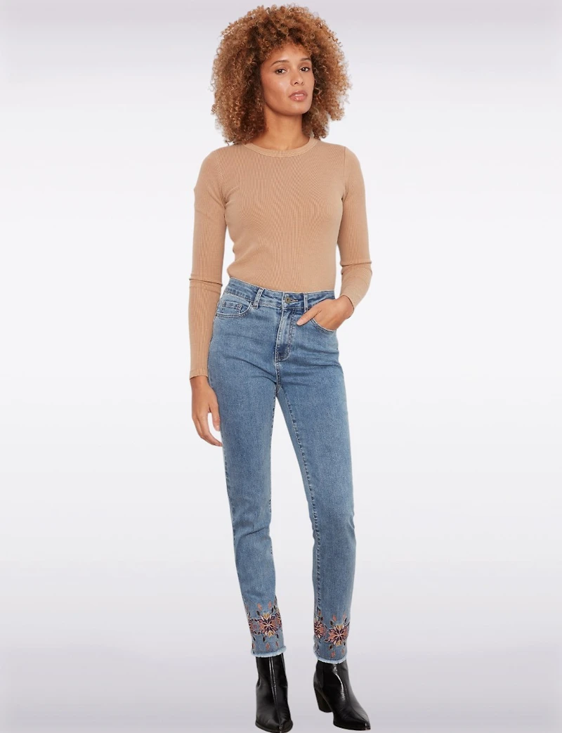 Floral Embroidered Stretch Slim-Fit Jeans with Frayed Hem by Charlie B