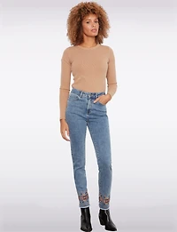 Floral Embroidered Stretch Slim-Fit Jeans with Frayed Hem by Charlie B