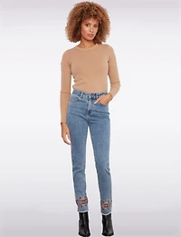 Floral Embroidered Stretch Slim-Fit Jeans with Frayed Hem by Charlie B