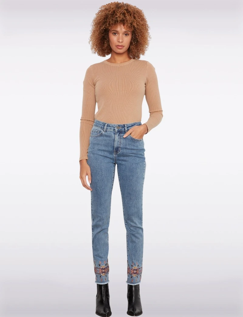 Floral Embroidered Stretch Slim-Fit Jeans with Frayed Hem by Charlie B