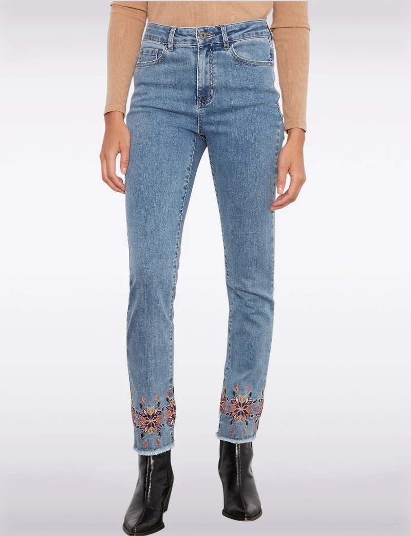 Floral Embroidered Stretch Slim-Fit Jeans with Frayed Hem by Charlie B