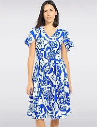 Printed Flutter-Sleeve Smocked Waist Midi Dress with Pockets by Stella Morgan