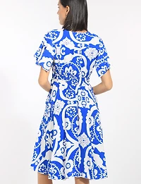Printed Flutter-Sleeve Smocked Waist Midi Dress with Pockets by Stella Morgan