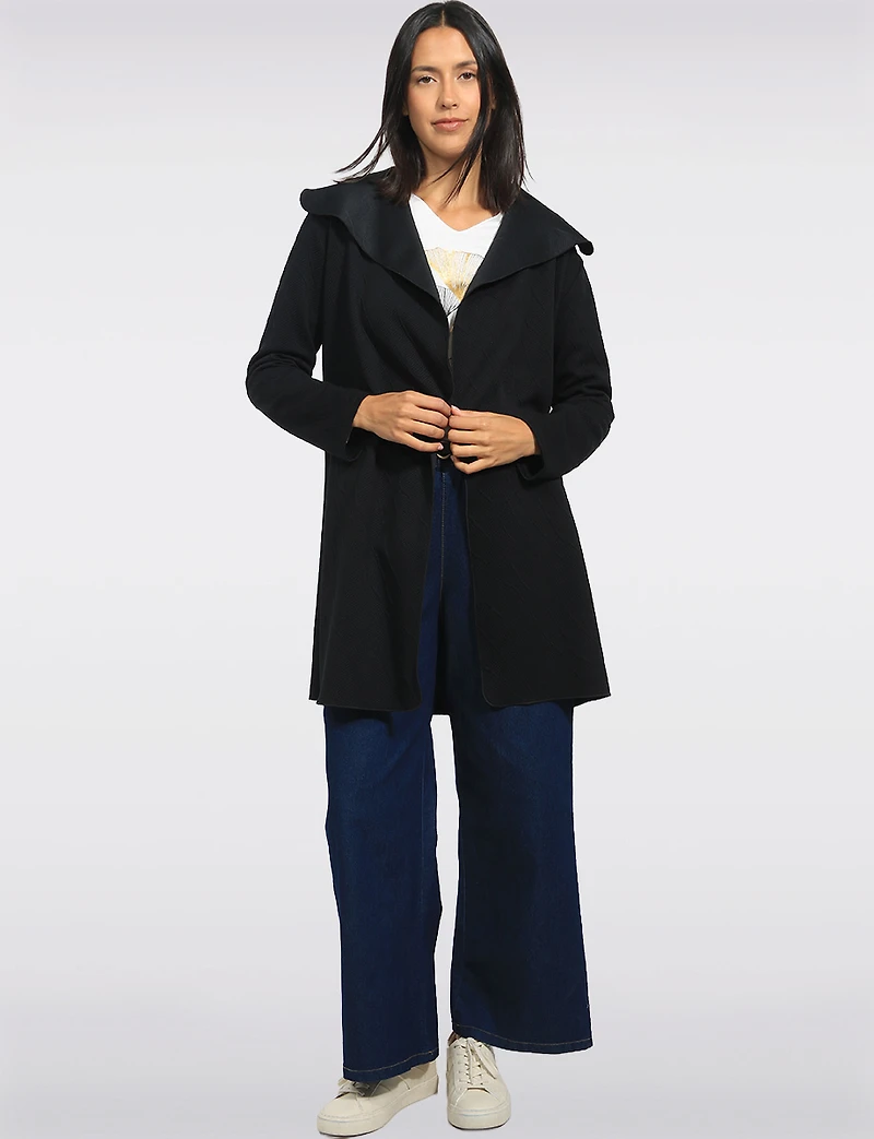 Chic Black Floral Jacquard Long Draped Cardigan with Cascade Collar by Perle