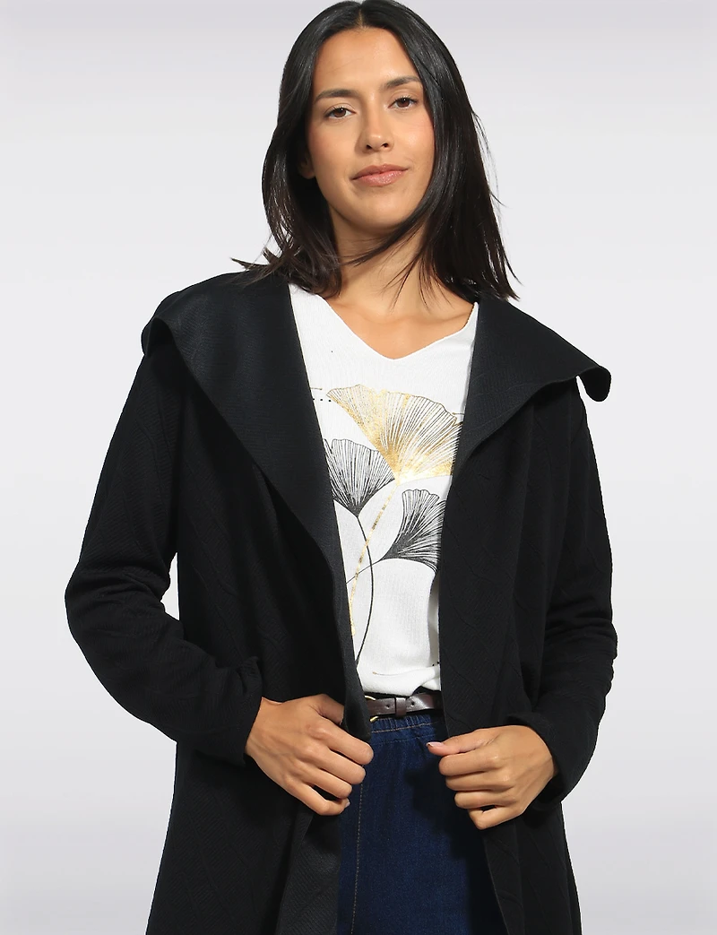 Chic Black Floral Jacquard Long Draped Cardigan with Cascade Collar by Perle