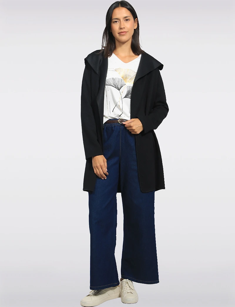 Chic Black Floral Jacquard Long Draped Cardigan with Cascade Collar by Perle