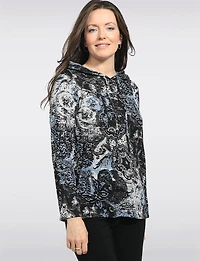 Soft Stretch Abstract-Print Hooded Knit Sweater with Side Slits by Perle