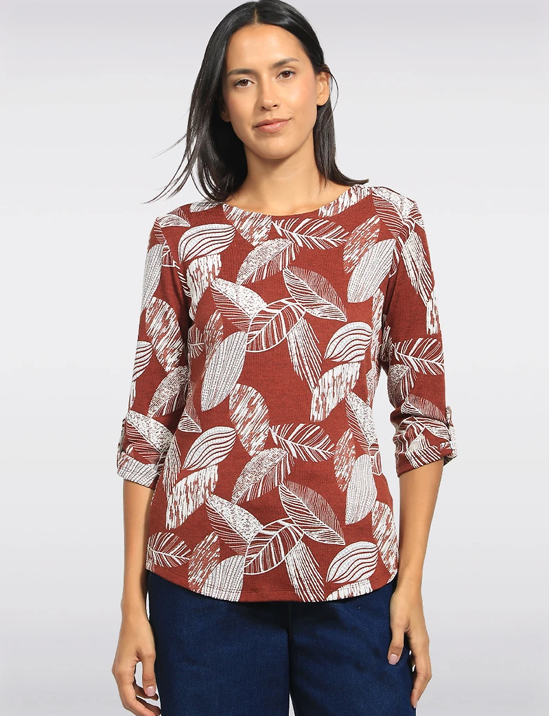 Textured Print 3/4 Sleeve Cuffed Button-Tab Knit Top with Round Hem by Perle