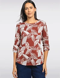 Textured Print 3/4 Sleeve Cuffed Button-Tab Knit Top with Round Hem by Perle
