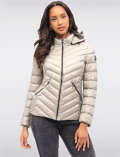 Lightweight Nora Vegan Multi-Quilted Puffer Jacket with Detachable Hood by Saki