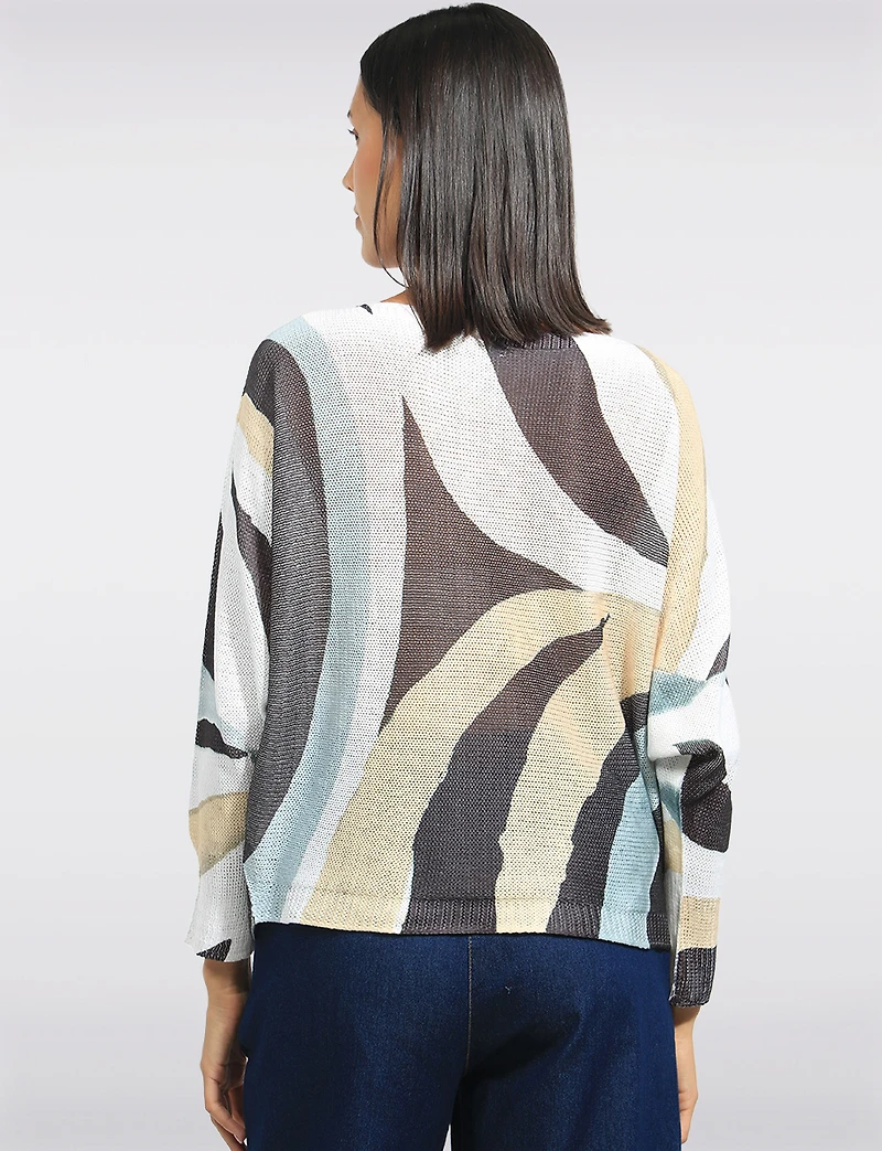 Chic Long Dolman Sleeves Boatneck Abstract Printed Knit Top by Froccella