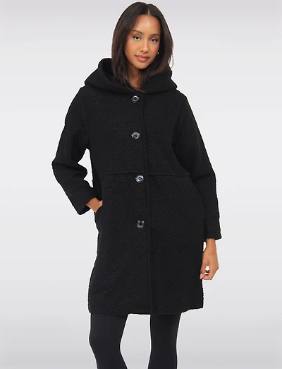 Button-up Long Relaxed Fit Hooded Bouclé Cardigan with Pockets by Froccella