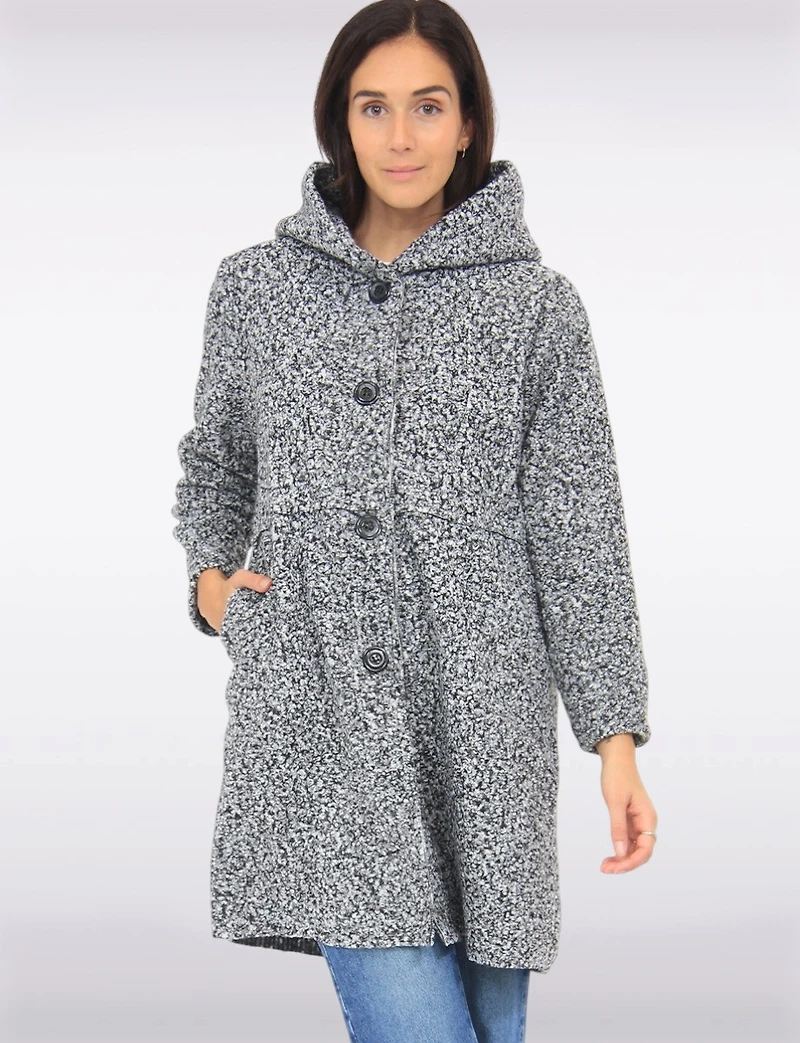 Button-up Long Relaxed Fit Hooded Bouclé Cardigan with Pockets by Froccella