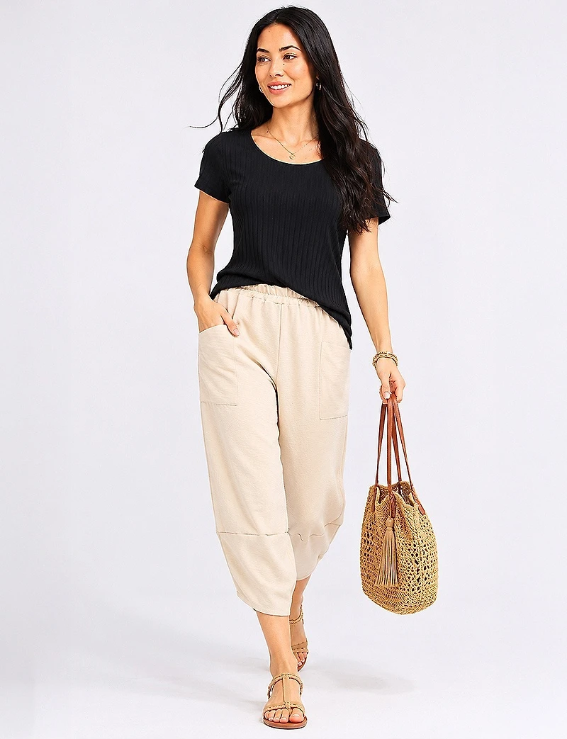 Classic Scoop Neck Solid Ribbed Slim-Fit Short Sleeve Top by Perle